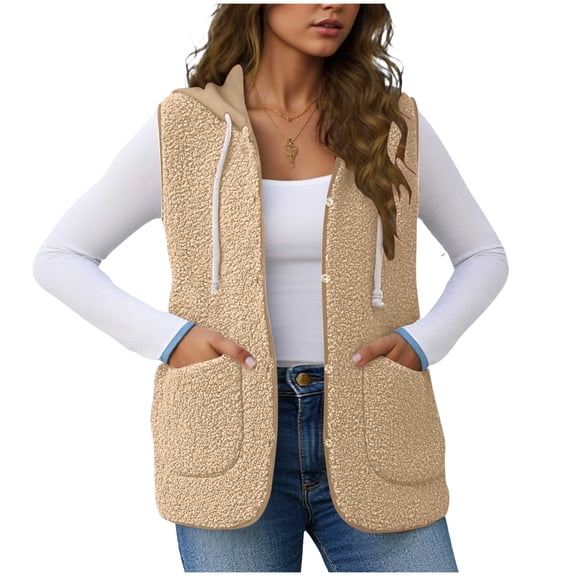 larppty Trendy Fleece Vest Women Sleeveless Casual Jacket Outerwear Winter Warm Lightweight Button Down Hooded Waistcoat with Pockets (Beige, S)
