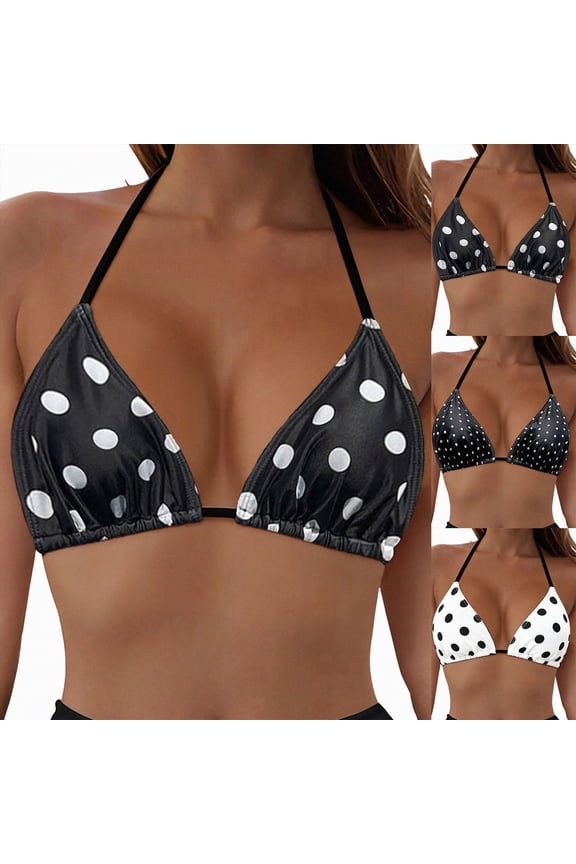 Triangle Bikini Tops for Women Halter String Bathing Suit Tops Sexy Brazilian Black White Swimsuit Top (Black, L)