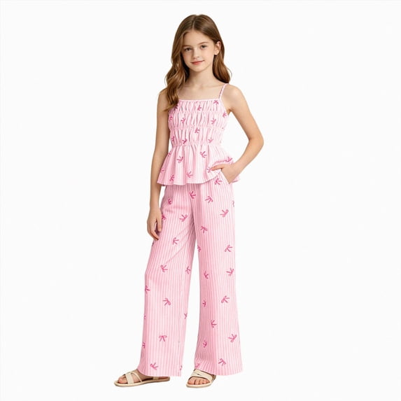larppty Tween Girls 2 Piece Outfit Set Summer Fall Cherry Print Cami Top & Wide Leg Pants with Pockets (Pink,5-6 Years)