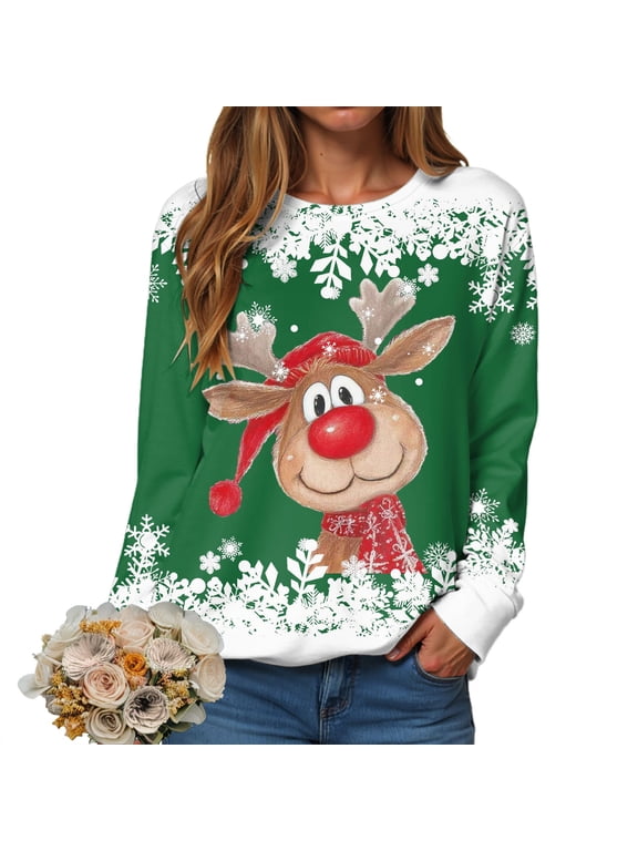 Ugly Christmas Sweater Funny Xmas Reindeer Print Christmas Party Holiday Pullover Winter Clothes 2025 (Green, XXL)