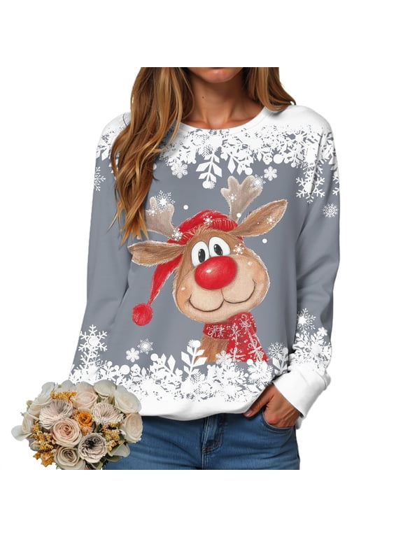 Ugly Christmas Sweater Funny Xmas Reindeer Print Christmas Party Holiday Pullover Winter Clothes 2025 (Grey, S)