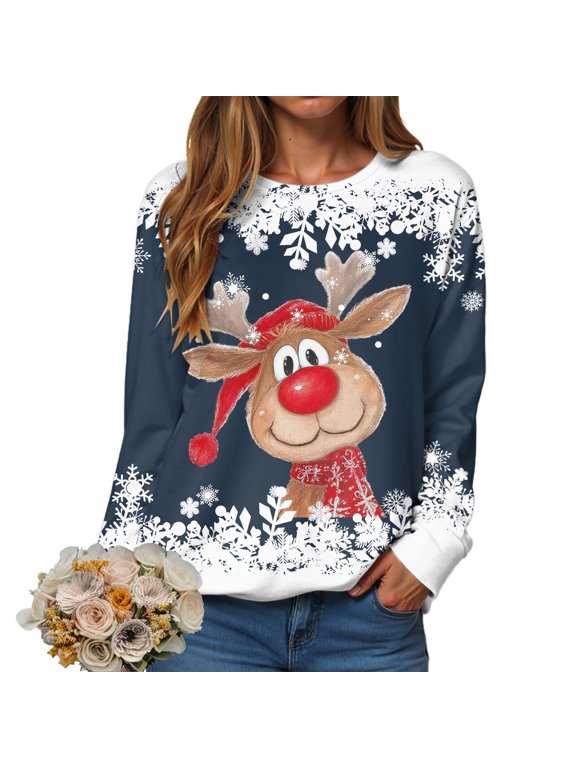 Ugly Christmas Sweater Funny Xmas Reindeer Print Christmas Party Holiday Pullover Winter Clothes 2025 (Navy, M)