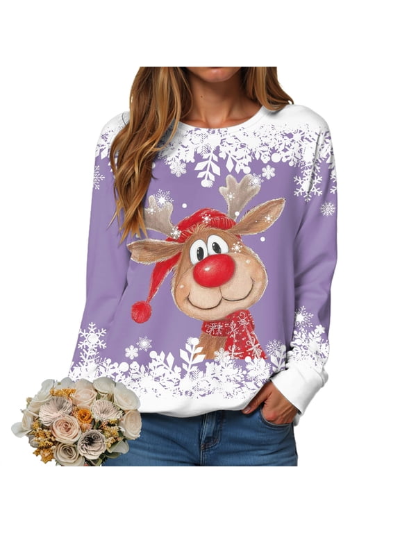 Ugly Christmas Sweater Funny Xmas Reindeer Print Christmas Party Holiday Pullover Winter Clothes 2025 (Purple, S)