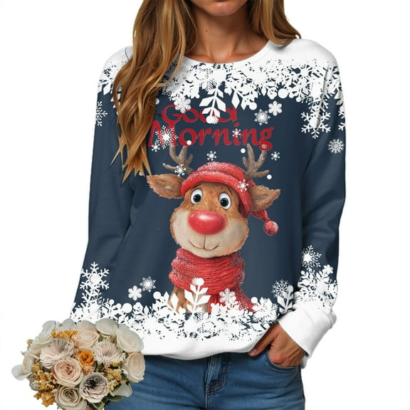 larppty Ugly Christmas Sweatshirt Women Reindeer Graphic Pullover Xmas Hoodie Merry Christmas Print Tee Cute Crewneck Tops Fall Clothes (Navy, L)