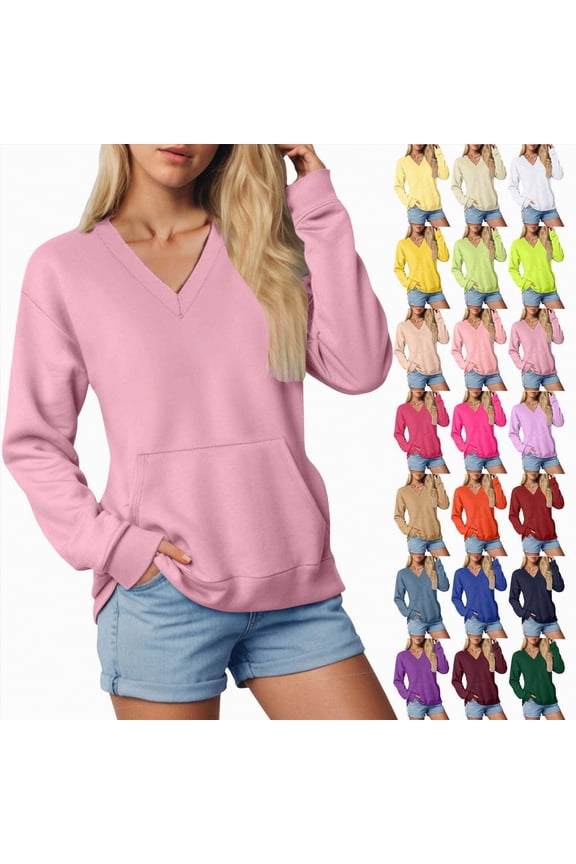 V Neck Sweatshirt Women Pocket No Hood Oversized Pullover Casual Soft Long Sleeve Tops With Pockets Fall Fashion (Wine, XXL)