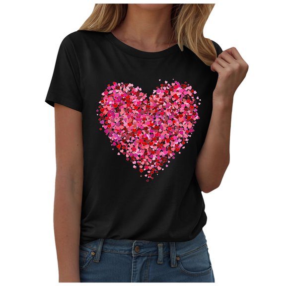 larppty Valentines T Shirts for Women Funny Heart Graphic Wife T Shirts Girlfriend Tees Short Sleeve Sweet Couple Tops (Black, S)
