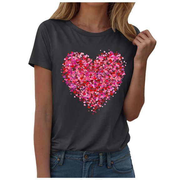 larppty Valentines T Shirts for Women Funny Heart Graphic Wife T Shirts Girlfriend Tees Short Sleeve Sweet Couple Tops (Dark Gray, M)