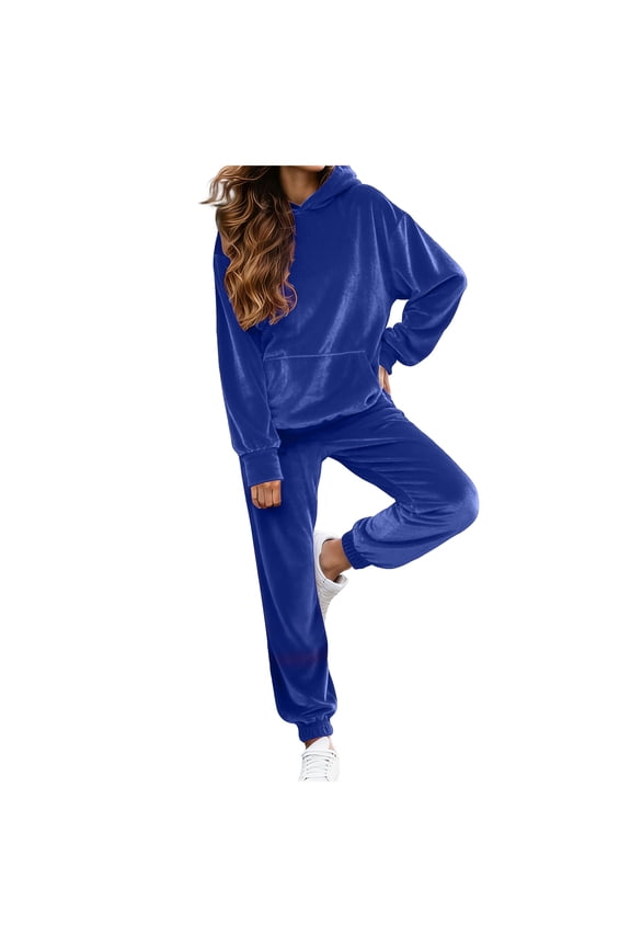 Velour Lounge Sets for Women 2 Piece Velvet Tracksuits Jogging Hoodie Sweatsuits Soft Sports Leisure Jogger Outfit(Blue, XXL)
