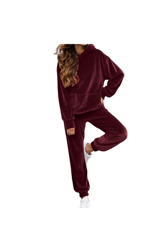 Velour Lounge Sets for Women 2 Piece Velvet Tracksuits Jogging Hoodie Sweatsuits Soft Sports Leisure Jogger Outfit(Wine, M)