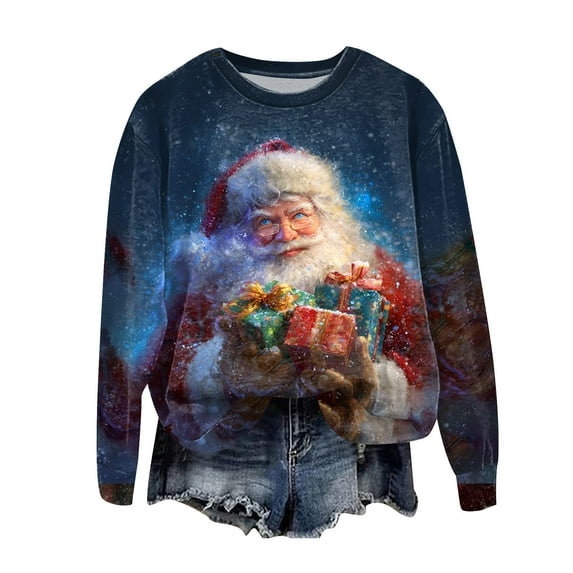 larppty Vintage Christmas Sweatshirts for Women Ugly Xmas Tops Santa Graphic Outfits Fashion Pullover Shirts (Blue, L)