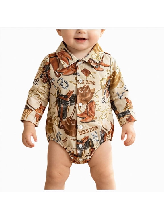 Western Baby Boy Clothes Cowboy Shirt Romper Long/Short Sleeve Button Down Dress Bodysuit Infant Gentleman Outfits