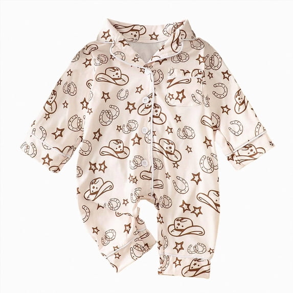 larppty Western Baby Boy Girl Clothes Newborn Button Down Pajamas Romper Lapel Jumpsuit Cute Infant Sleepwear One-Piece Pjs
