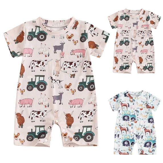 larppty Western Baby Girl Boy Clothes Short Sleeve Farm Animals Cow Print Romper Jumpsuit Summer Country One Piece Outfit(Blue, 3-6 Months)