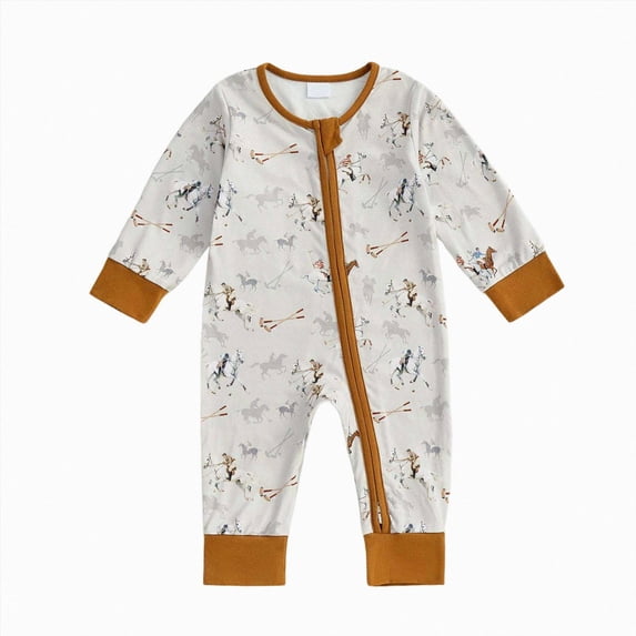larppty Western Baby Girl Clothes Horse Print Cow Romper Zipper Long Sleeve Jumpsuit Infant Cowgirl Outfit Summer Clothes