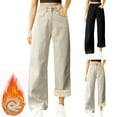 thumbnail image 1 of larppty Winter Straight Jeans Women High Waist Fleece Lined Wide Leg Casual Denim Pants（Beige，M/S）, 1 of 4