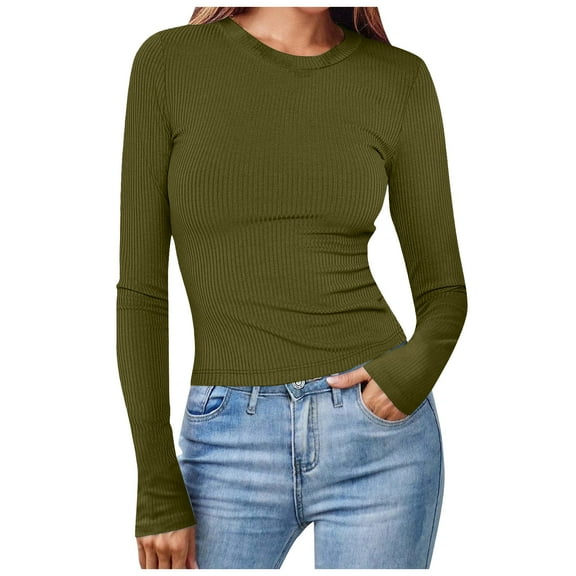 larppty Women 2025 Fall Clothes Long Sleeve Shirts Ribbed Knit Fitted Basic Tee Going Out Tops Casual Outfits (AG, XL)