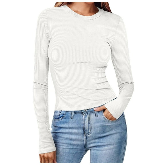 larppty Women 2025 Fall Clothes Long Sleeve Shirts Ribbed Knit Fitted Basic Tee Going Out Tops Casual Outfits (White, L)