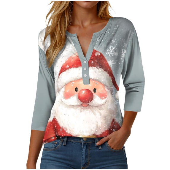 larppty Women 3/4 Sleeve Button Up Christmas Shirt Oversized Casual Dressy Henley Neck Tunic Tops Comfy Soft Lightweight Blouse (Grey, M)