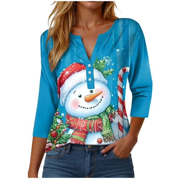 larppty Women 3/4 Sleeve Button Up Christmas Shirt Oversized Casual Dressy Henley Neck Tunic Tops Comfy Soft Lightweight Blouse (Sky Blue, XL)