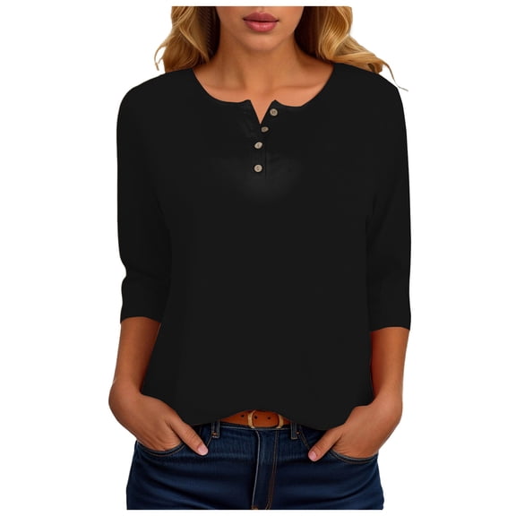 larppty Women 3/4 Sleeve T Shirts Henley Loose Cute Summer Tops Layer Button Three Quarter Length Shirts Womens Blouses（Black，L）