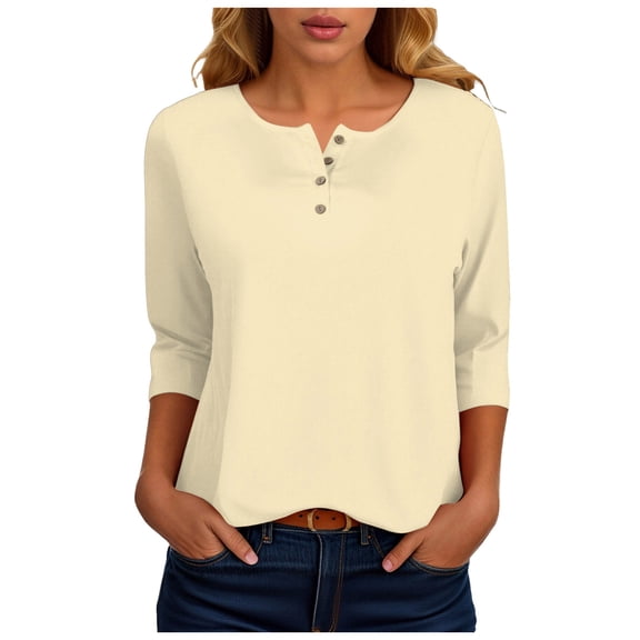 larppty Women 3/4 Sleeve T Shirts Henley Loose Cute Summer Tops Layer Button Three Quarter Length Shirts Womens Blouses（Light Yellow，XXL）