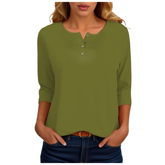 larppty Women 3/4 Sleeve T Shirts Henley Loose Cute Summer Tops Layer Button Three Quarter Length Shirts Womens Blouses（Mint Green，L）