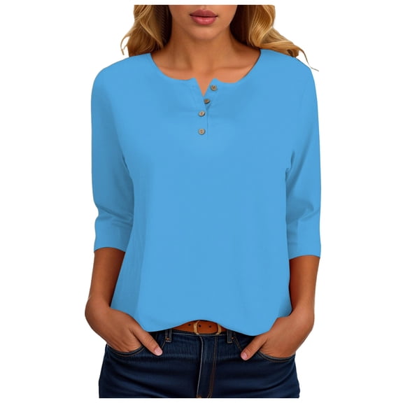 larppty Women 3/4 Sleeve T Shirts Henley Loose Cute Summer Tops Layer Button Three Quarter Length Shirts Womens Blouses（Navy，XL）