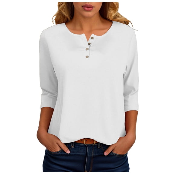 larppty Women 3/4 Sleeve T Shirts Henley Loose Cute Summer Tops Layer Button Three Quarter Length Shirts Womens Blouses(White,XL)