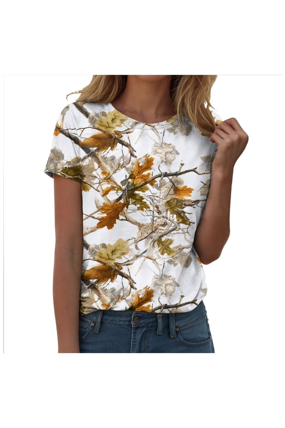 Women Camo Shirt Top Y2K Maple Leaf Graphic Tee Short Sleeve Loose Fit Round Neck T Shirt Streetwear (Beige, XL)
