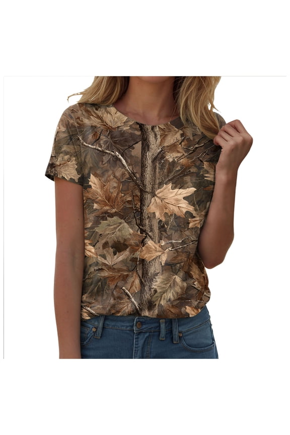Women Camo Shirt Top Y2K Maple Leaf Graphic Tee Short Sleeve Loose Fit Round Neck T Shirt Streetwear (Brown, S)