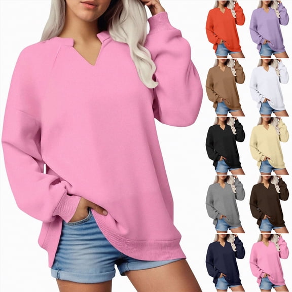 larppty Women Casual Long Sleeve V Neck Sweatshirts Cute Loose Fit Lightweight Pullover Tops Fall Clothing (Coffee, M)