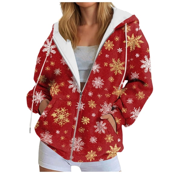 larppty Women Christmas Hoodies Fashion Casual Xmas Zip Up Coat Long Sleeve Jackets Outerwear with Pocket Holiday Outfits (Wine, XL)