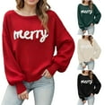 thumbnail image 1 of larppty Women Christmas Merry Sweater Cute Letter Print Christmas Knit Pullover Long Sleeve Crew Neck Knitted Holiday Top（Dark Green，S）, 1 of 6