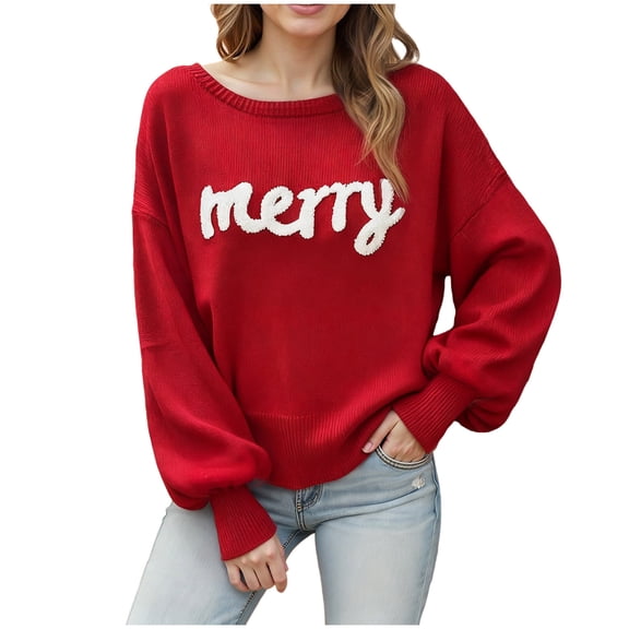 larppty Women Christmas Merry Sweater Cute Letter Print Christmas Knit Pullover Long Sleeve Crew Neck Knitted Holiday Top（Red，L）