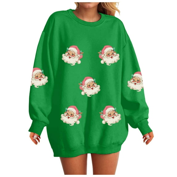 larppty Women Christmas Sweatshirt Santa Graphic Crewneck Sweater Long Sleeve Xmas Pullover Tops Trendy Outfits (Green, M)