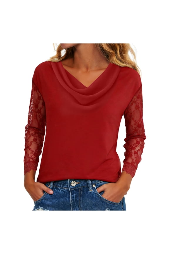 Women Cowl Neck Tops Dressy Casual Mesh Lace Long Sleeve Blouses Elegant Loose Evening Party Shirts (Red, S)