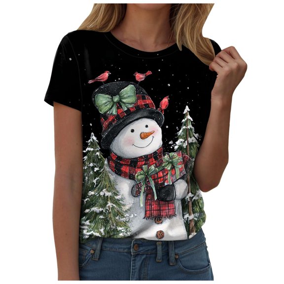 larppty Women Crew Neck Cute Snowman with Hat Graphic Fall Shirts Casual Christmas Tee Family Tops (Black, M)