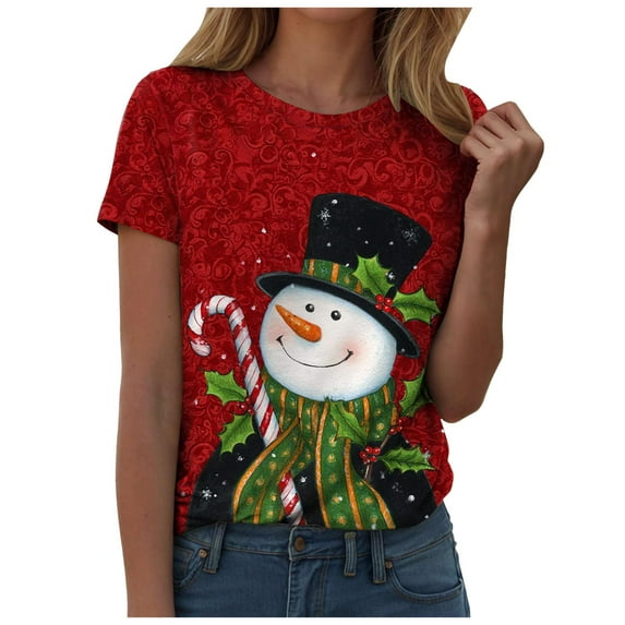 larppty Women Crew Neck Cute Snowman with Hat Graphic Fall Shirts Casual Christmas Tee Family Tops (Brick Red, XL)