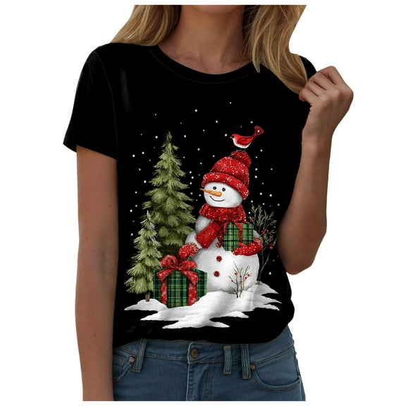 larppty Women Crew Neck Cute Snowman with Hat Graphic Fall Shirts Casual Christmas Tee Family Tops (Grey, XL)