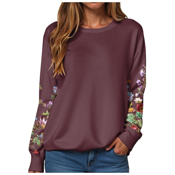 larppty Women Crewneck Flower Print Long Sleeve Sweatshirts Floral Graphic Tops Casual Loose Fit Pullover Shirts (Brick Red, S)