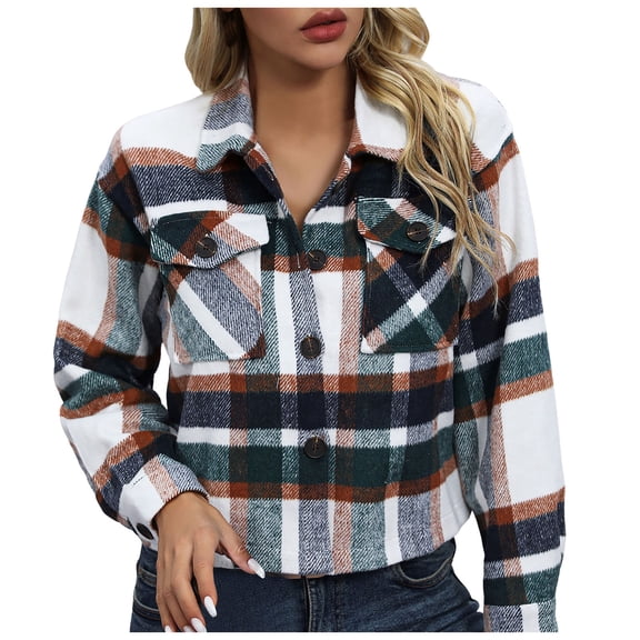 larppty Women Cropped Shacket Jacket Plaid Button Down Shirt 2025 Fall Coat Tops Fashion Outfits (Green, L)