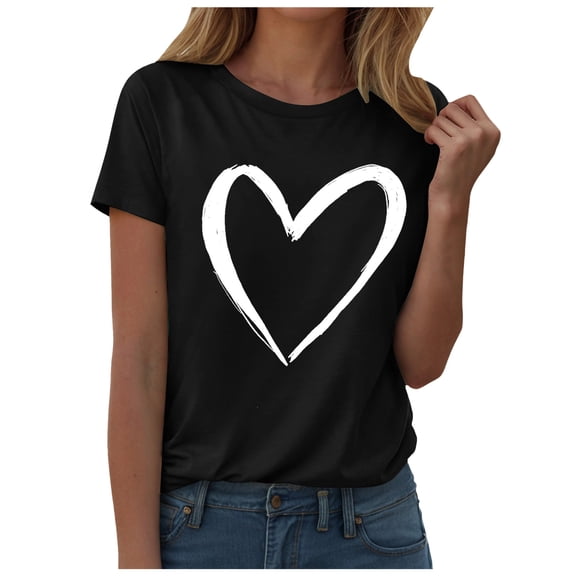 larppty Women Cute Heart Graphic T Shirts Short Sleeve Crewneck Regular Fit Blouse Teen Girls Summer Casual Basic Tee Tops (Black, L)
