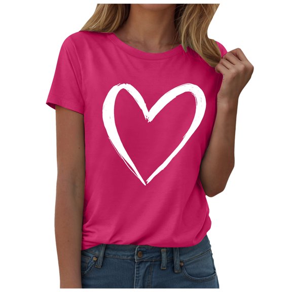 larppty Women Cute Heart Graphic T Shirts Short Sleeve Crewneck Regular Fit Blouse Teen Girls Summer Casual Basic Tee Tops (Hot Pink, 3XL)