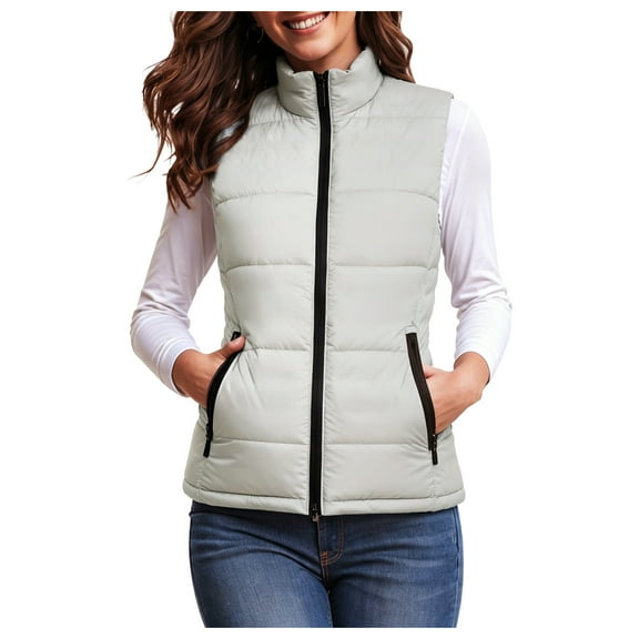 larppty Women Down Vest Waistcoat Solid Color Stand Collar Sleeveless Zipper Jacket Autumn Winter Casual Warm Outerwear (White, XL)