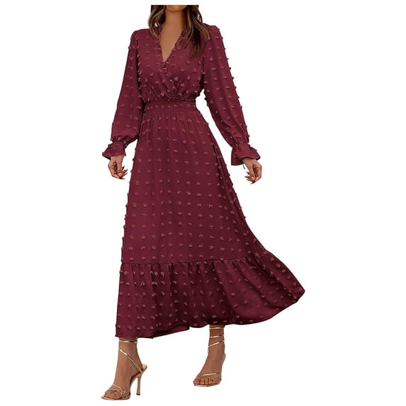 larppty Women Fall Maxi Dresses Long Sleeve V Neck Swiss Dots High Waisted A-Line Ruffle Boho Long Dress Vacation(Wine,S)