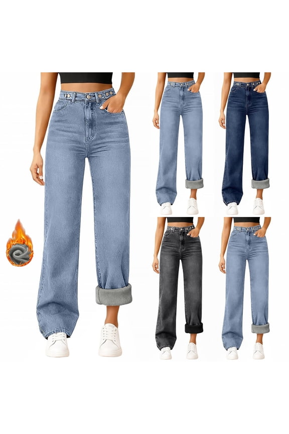 Women Fleece Lined Jeans Straight Leg Winter Thermal Flannel Warm Denim Women's Jeans Trousers Jeans Baggy High Waist Low Rise Wide Skinny（Grey，L/M）