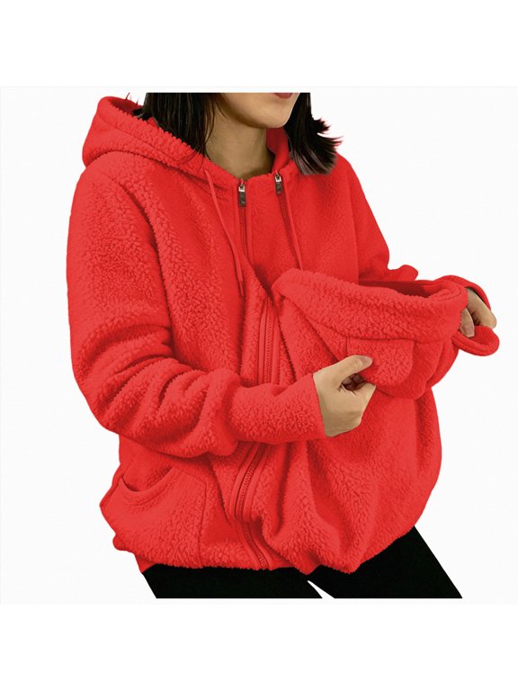 Women Fuzzy Fleece Hoodie Carrier Pouch Hooded Warm Winter Jacket | Thick fuzzy fleece carrier hoodie with roomy front pouch for baby or small pet