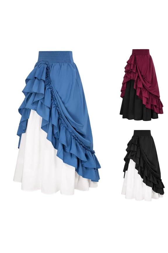 Women Gothic Victorian Skirt High Waist Double-Layer Lace Ruffle Renaissance Maxi Skirts（Black，L）