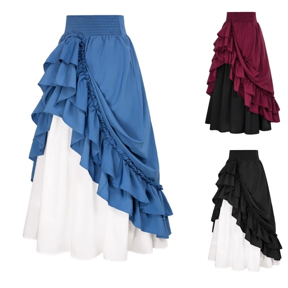 larppty Women Gothic Victorian Skirt High Waist Double-Layer Lace Ruffle Renaissance Maxi Skirts(Wine,M)