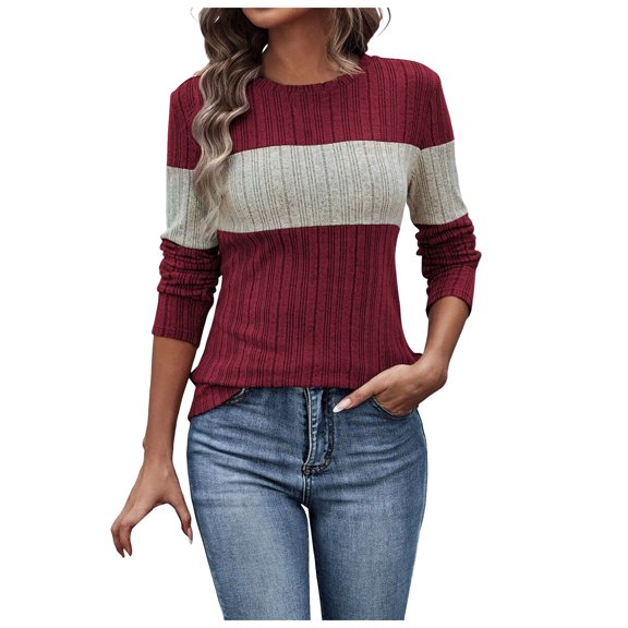 larppty Women Knit Color Block Striped Long Sleeve Sweaters Crew Neck slim Trendy Striped sweater sweatshirts 2025 Fashion Clothing (Wine, S)